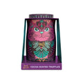 Candle with cat design in a colorful packaging on a white background